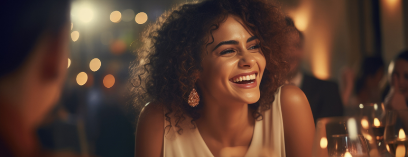 Woman with curly hair smiling with white bright teeth at dinner